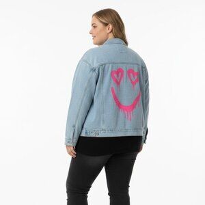Curvalicious NEW Lightwash Button down Pink Smiley Face Denim Jacket, sz 1X